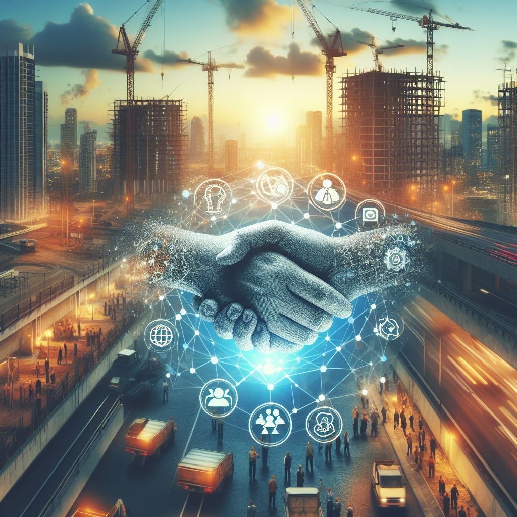 AI image of hands shaking over city with technology design elements OWC social procurement