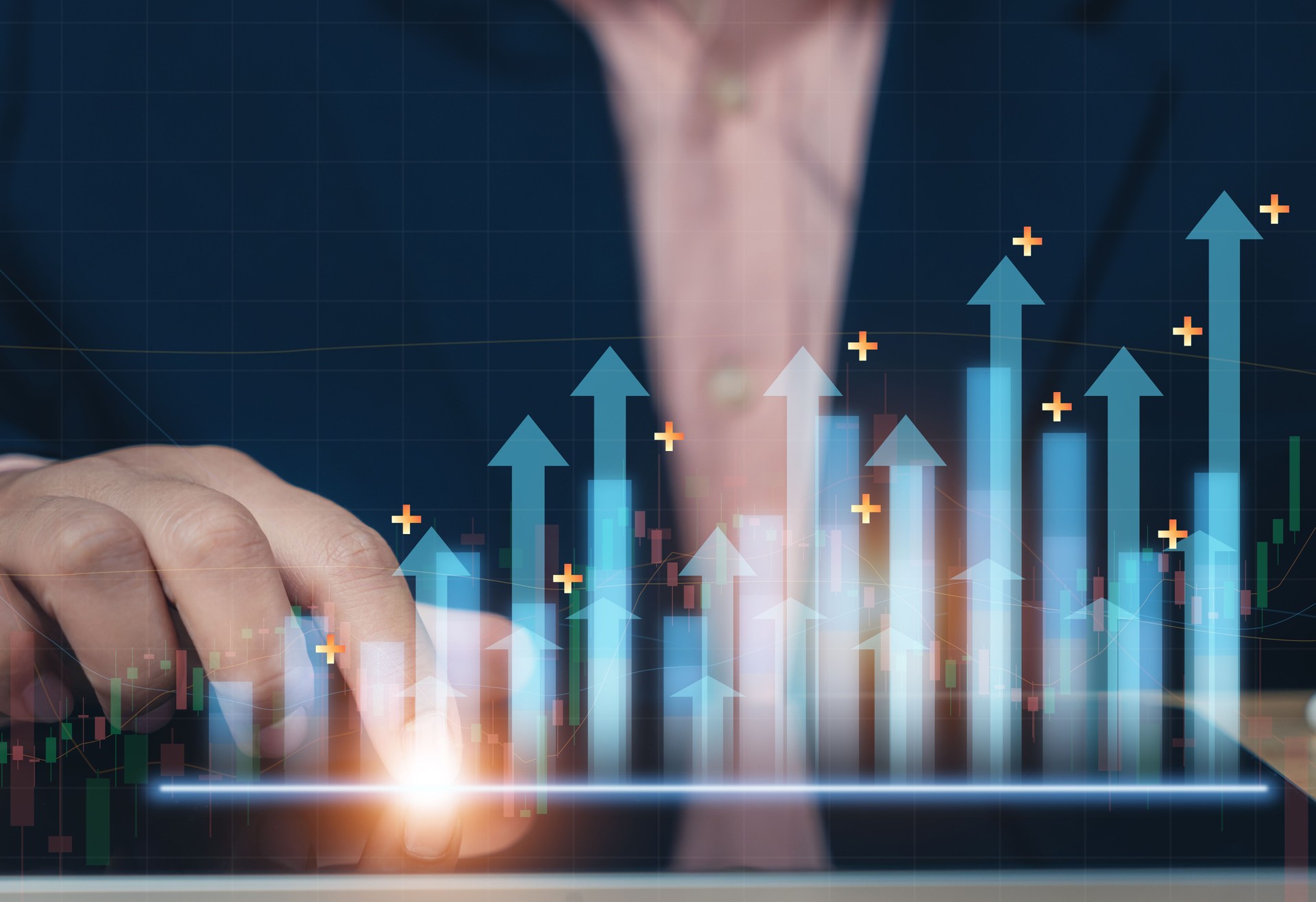 Business man point plan growth increase of positive indicators graph in his business. Planning of business, Graph growth success concept. Stock market value. Opportunity. Digitals marketing.