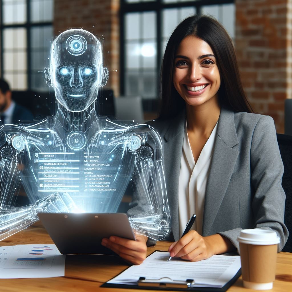 AI generated image of professional sat next to robot representing AI OWC Bid Management System 