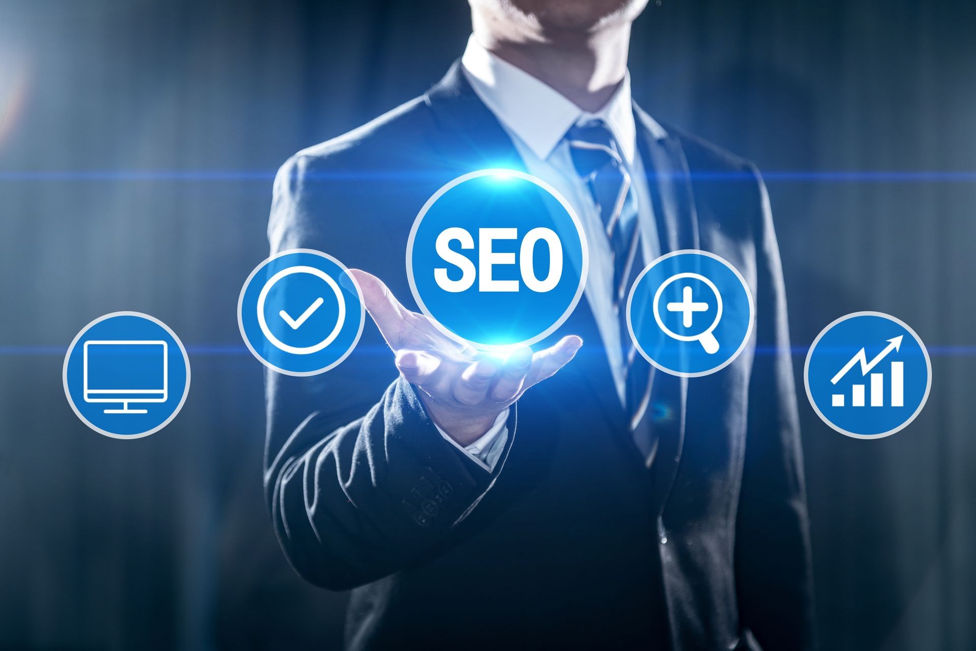 Search Engine Optimization person in suit with SEO graphics OWC SEO support