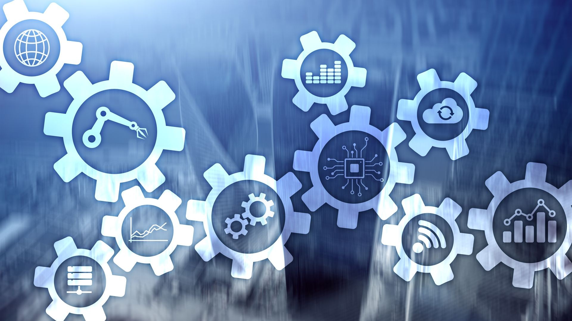 Automation technology and smart industry concept on blurred abstract background. Gears and icons. One World Consulting